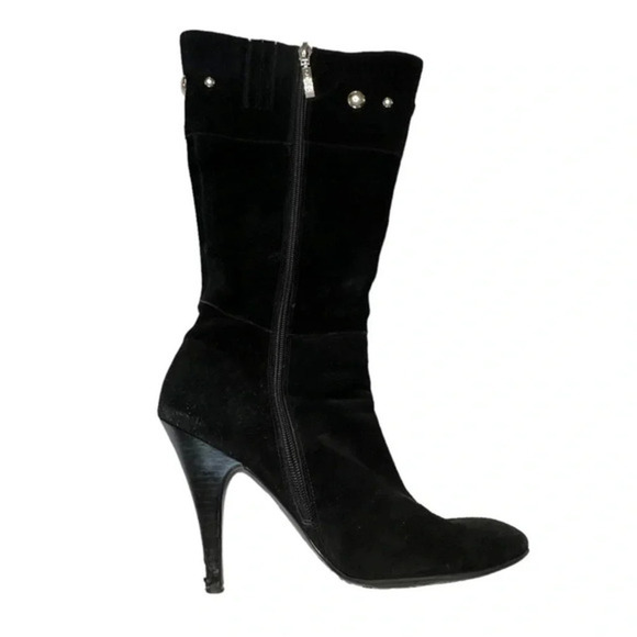 Guess Nerina 10M black suede silver studded 4.5" heeled boots w/ side zipper - Picture 5 of 10